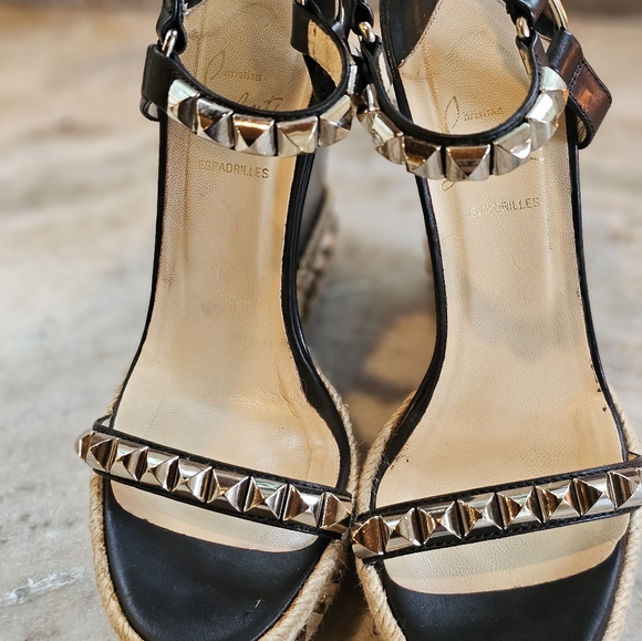 Christian Louboutin Black Leather/Studded Cataclou 140 Espadrille Wedge SZ 40 - Picture 5 of 12